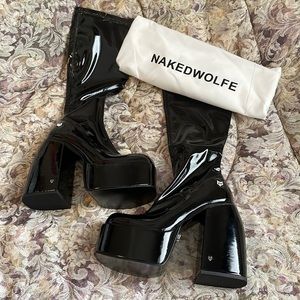 NAKED WOLFE SPICE PATENT SHINE PLATFORM BOOTS✨